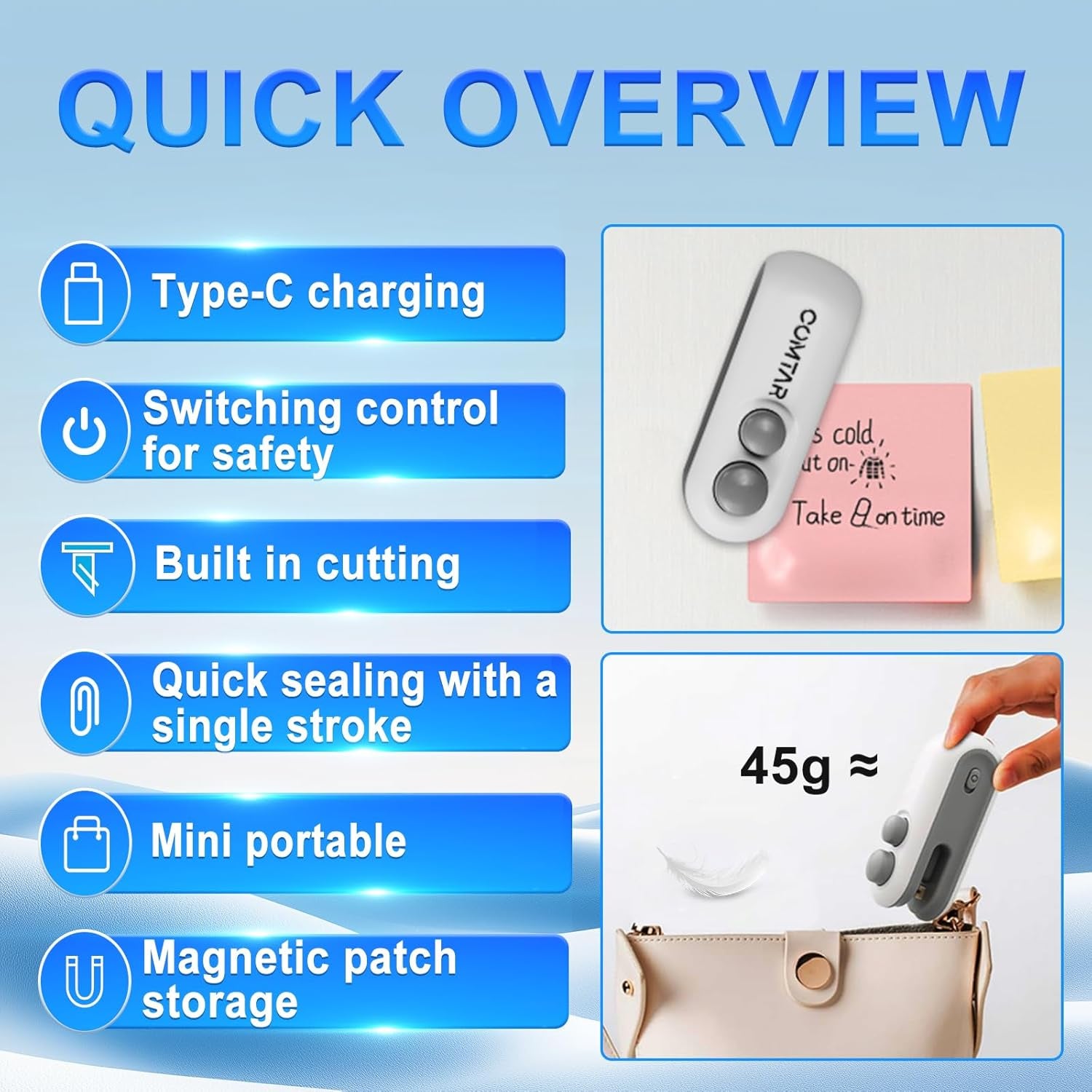 2In1 Rechargeable Chip Bag Sealer with Cutter, Portable USB C Heat Sealer Resealer Machine for Chip, Plastic Bags Heat Seal Tool for Snacks (White)